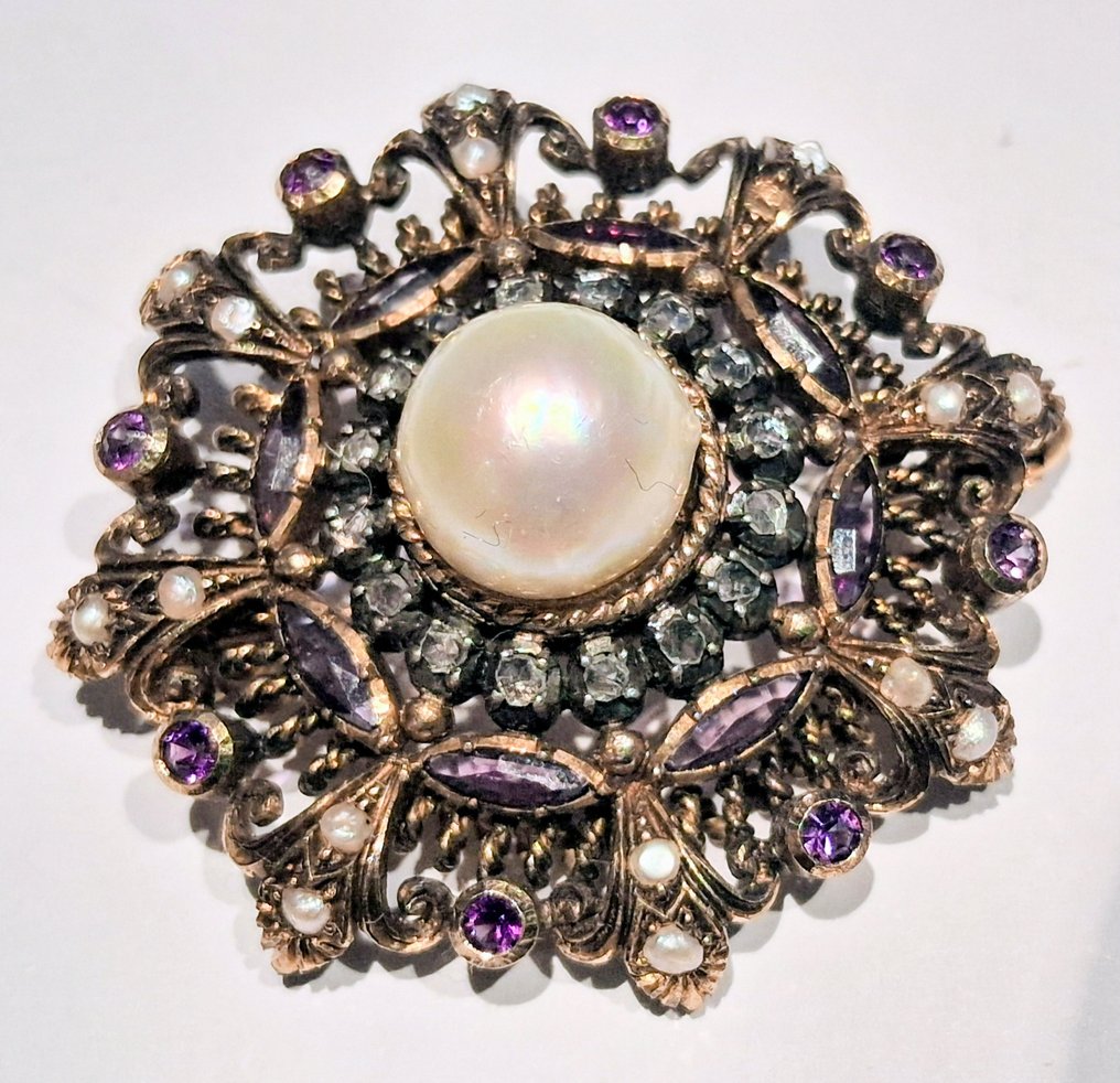 胸针 - 18K包金 黄金 -  2.00ct. tw. 钻石 (净度增强)  - 紫水晶 - 手工制作 #3.2