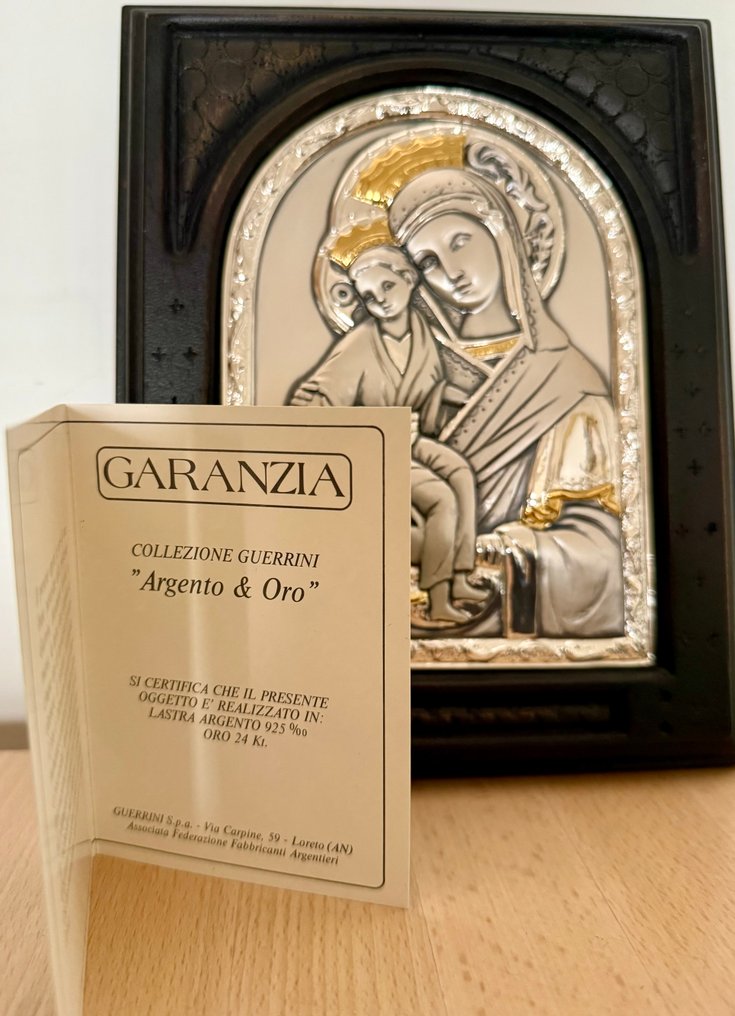 Guerrini - Θρησκευτικό ανάγλυφο - Παναγία με το Βρέφος - 18 x 23 εκ. - Ξύλο, Ασημί, Επικάλυψη χρυσού 24 καρατίων - 1990-2000 #1.0