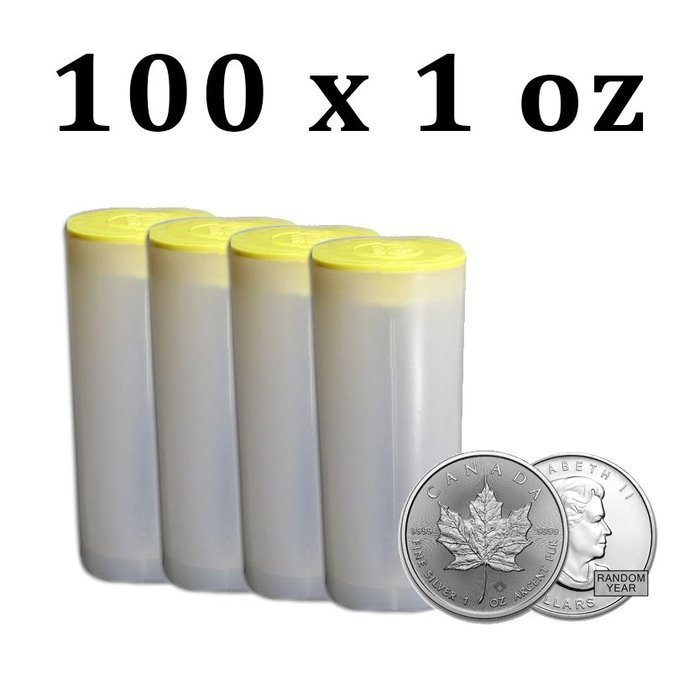 Canada. 5 Dollars 100 x 1 oz $5 CAD Canadian Silver Maple Leaf Coin (Backdated) (In Tube) #1.0