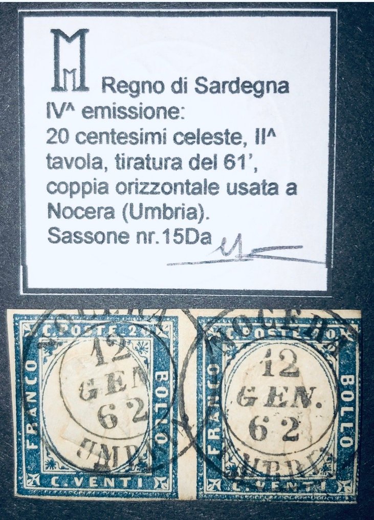 Antikke Italienske Stater - Sardinien 1861/1862 - Sardinien 20 øre 1861/1862 - lot af annulleringer i farver, katalog €1300 #4.3
