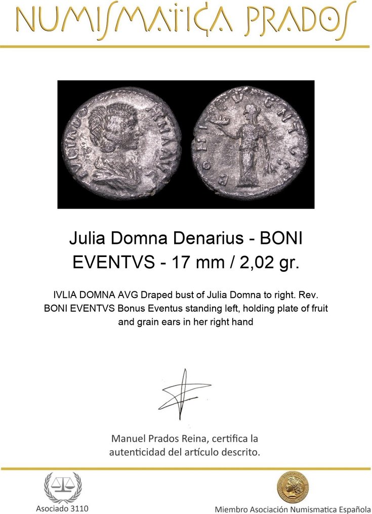 Ρωμαϊκή Αυτοκρατορία. Julia Domna (Augusta, AD 193-217). Denarius BONI EVENTVS  (χωρίς τιμή ασφαλείας) #1.0