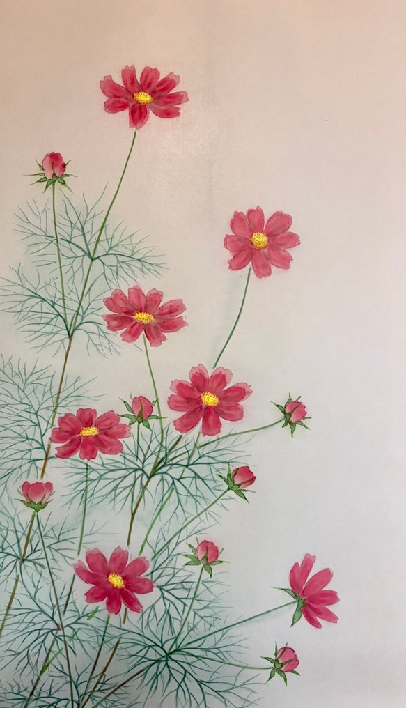 秋野 大波斯菊在秋日草地上 - 絲, 紙 - Nishizawa Mitsunobu - 日本 - 平成時期（1989年至今） #2.1