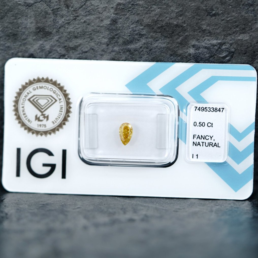 没有保留价 - 1 pcs 钻石 (天然色彩的) - 0.50 ct - 梨形 - Fancy intense 黄色 - I1 内含一级 - 国际宝石研究院(IGI) #1.0
