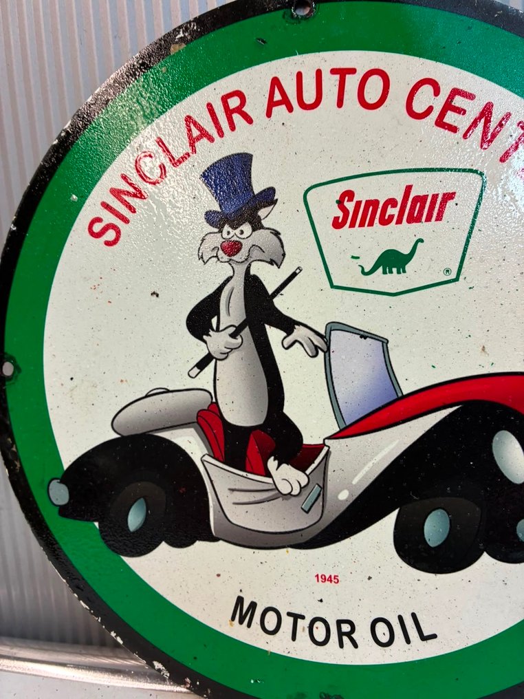 Sinclair Auto Center Motor Oil – Sylvester – 圆形搪瓷广告牌 – 1945 - 珐琅标志 - 搪瓷 #3.2