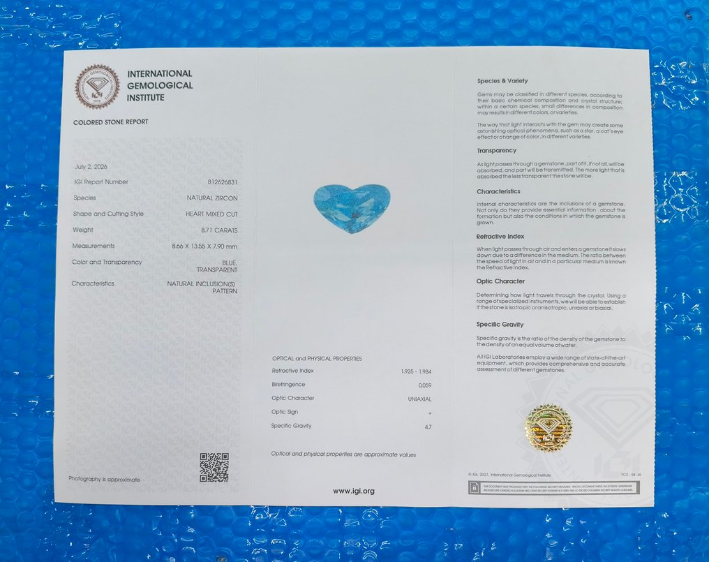 没有保留价 蓝色 锆石 - 8.71 ct - 国际宝石研究院(IGI) #2.1