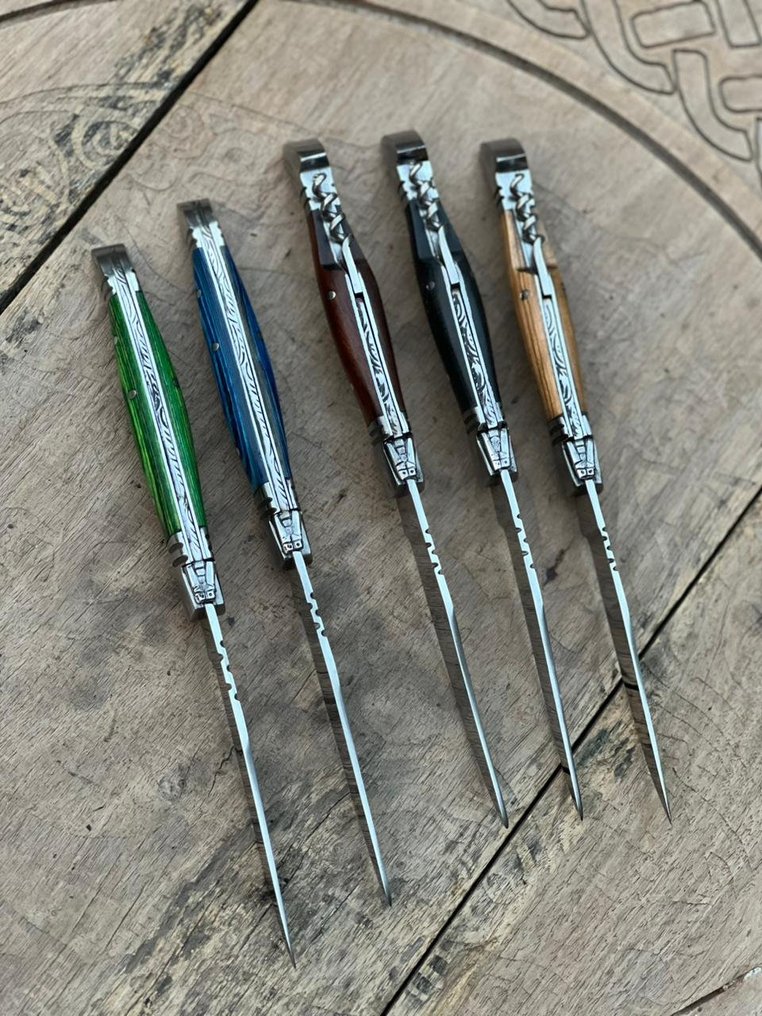 厨刀 - Kitchen knife set - Laguiole Bougna 带蜜蜂图案的折叠刀,精美复古餐桌刀与收藏刀 - 不锈钢刀,钢制护手,帕卡木 - 法国 - 定制手工 #3.2