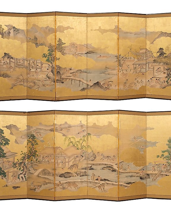 Shunga byobu, petit paravent à six feuilles décorées d…
