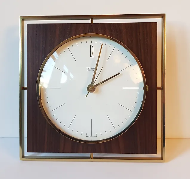 Wall clock -  Contemporary Wood, Glass, Brass - 1960-1970 - New Old Stock