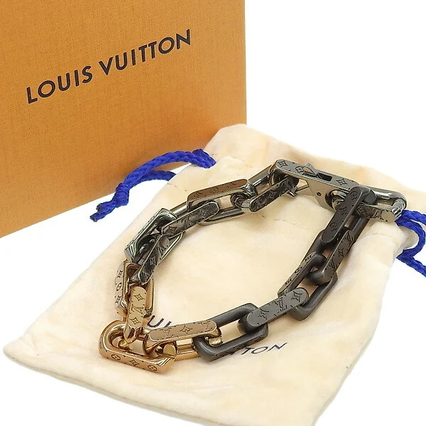 2021 Fashion Unisex Louis Vuitton Brown Leather Yellow Gold Plated Link  Chain Charm Monogram Pattern Bracelet
