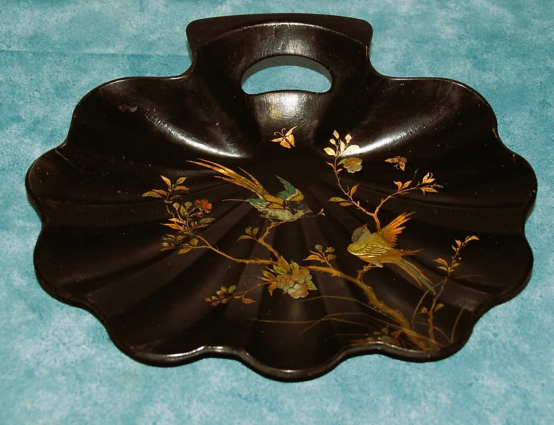 Recoge Migas Napoleón III Lacado Negro Decoración Flor Arte Mesa Antiguo