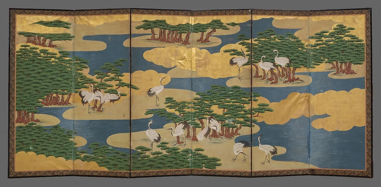 Paire de byōbu 屏風 (séparateurs de pièces) à 6 panneaux - Feuille d'or,  Laque, Bois, Papier