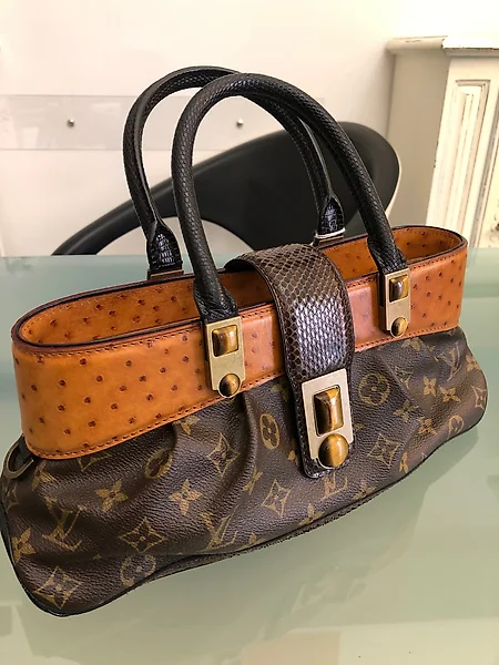 Louis Vuitton Gold Monogram Suede Ostrich Theda GM - Preloved LV Bags