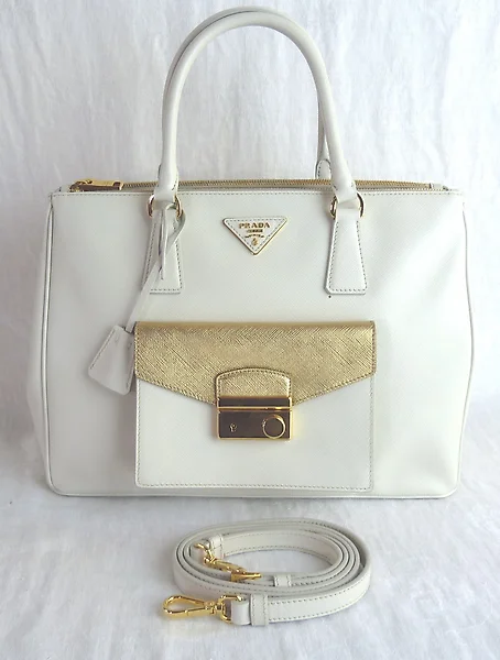 Sold at Auction: Prada Vitello Daino Double Zip Crossbody Leather Bag,  having a double pouch with gold hardware