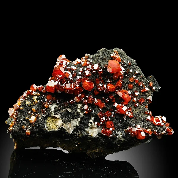 Vanadinite Large Bright Red Crystals On Black Barite Matrix Morocco 12 Cms