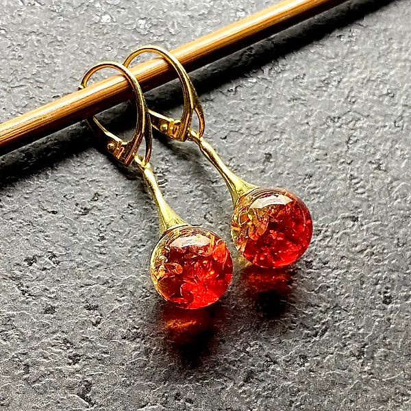 Natural Baltic amber earrings 5cm in gold plated sterling silver, 6.2g - Amber - Succinite / fossilized pine tree resin