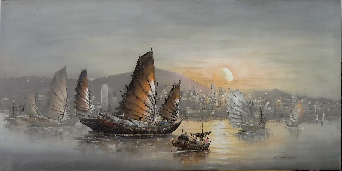 Baie de Hong Kong aux jonques traditionnelles - Ecole chinoise - China  (No reserve price)