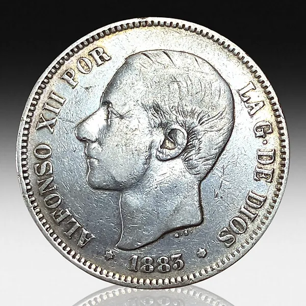 Spain. 5 Pesetas - Alfonso XII (3rd portrait), silver 1885  (No reserve price)