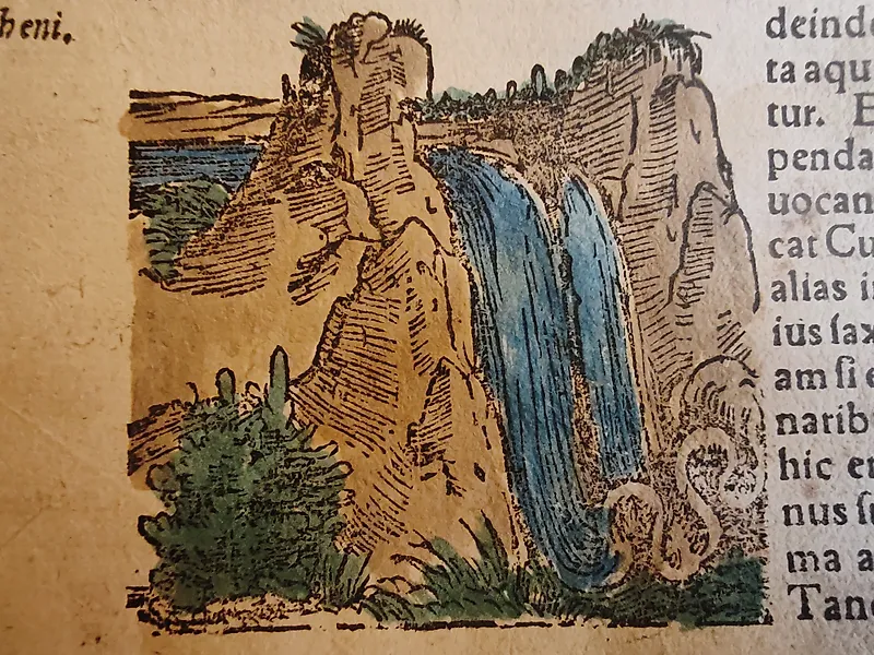Sebastian Münster (1489–1552) - Cosmographia Universalis - Cascate del Reno e gli Abati di San Gallo - 1550