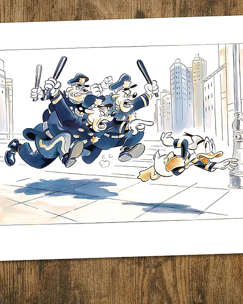 Tony Fernandez - Donald Duck Escaping the Beagle Boys Police Chase - Hand Signed Fine Art Giclée