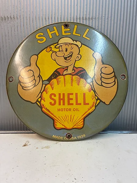Shell - Shell Premium Gasoline – enamel advertising sign featuring Popeye – round – petroliana - Enamel sign - Enamel