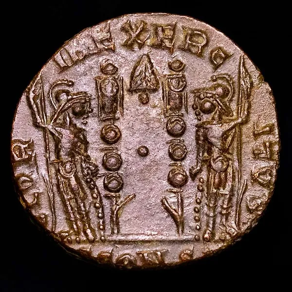 Roman Empire. Constantius II (AD 337-361). Follis Arles, 330-348. GLORIA EXERCITVS. Pine tree or spearhead in upper centre. Mintmark SCONS.  (No reserve price)