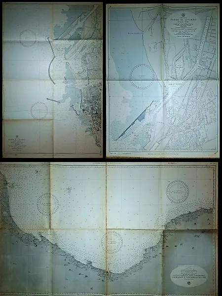 Italy - da Ventimiglia a Livorno Porto di Livorno foglio sud Porto di Livorno foglio nord; istituto idrografico della marina militare italiana - Trittico storico di carte nautiche istituto idrografico della marina porto di livorno e mare ligure - 1956/197