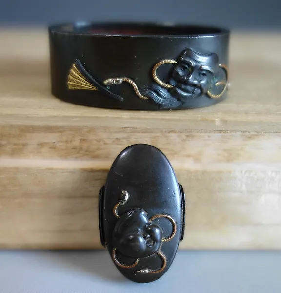 Fuchi - Copper - Noh mask Okina Okame shibuichi - Japan - Late Edo period