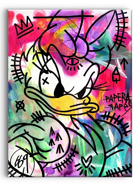 LACRISS (1990) - LOVE PINK ACID DAISY DUCK - TOP ORIGINAL ART 100% - SPRAY & ACRILIC CANVAS - XL