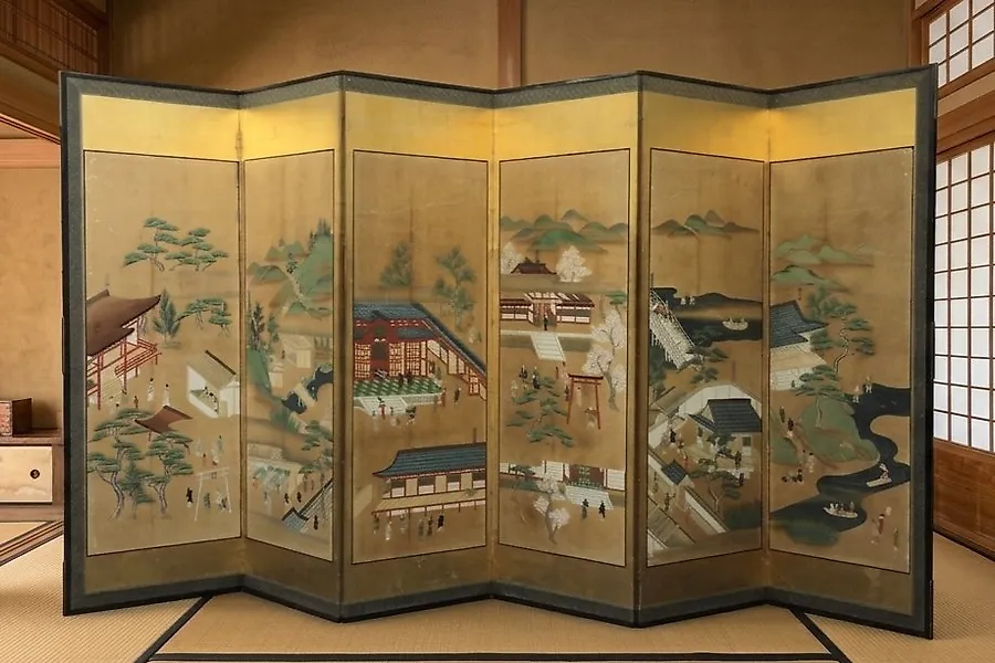 Byōbu folding screen - Antique 6-Panel Byobu Folding Screen with Temple Complexes and Figures Attributed to the Hasegawa - Japan - Edo Period (1600-1868)