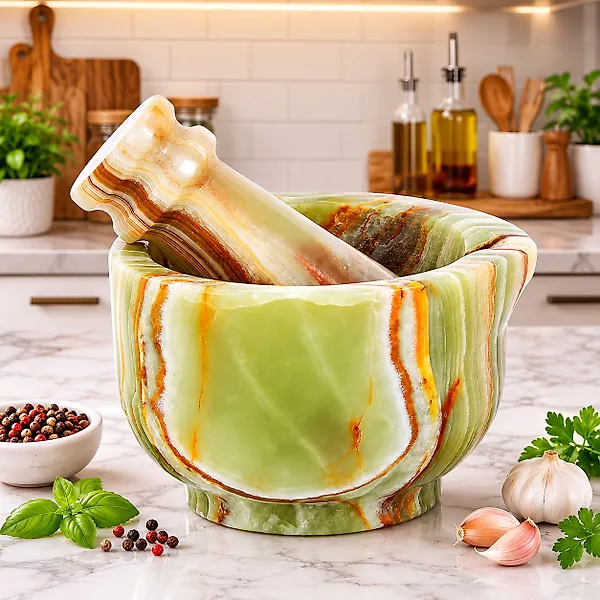 Handcrafted Marble Mortar & Pestle Green Stone Spice & Herb Grinder - Kitchen container - Marble - Mortar & Pestle