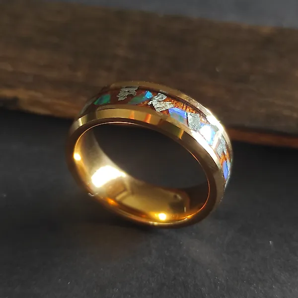 Tungsten Ring Aletai meteorite and opal - Height: 6 cm - 11.9 g - (1)