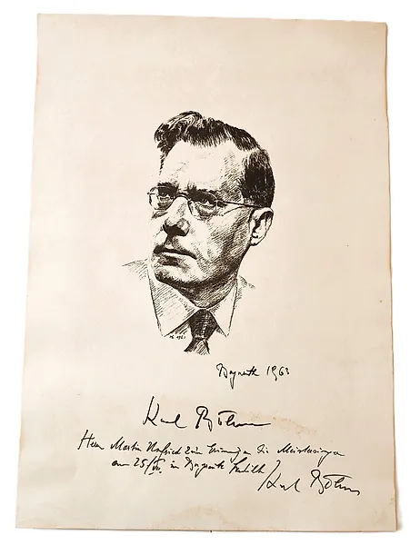 Karl Böhm - Autograph sheet with portrait — Bayreuth - 1963 - Hand signed in person