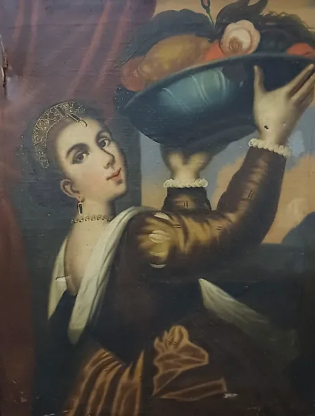 Scuola italiana (XIX), Da Tiziano - Donna con cesto di frutta