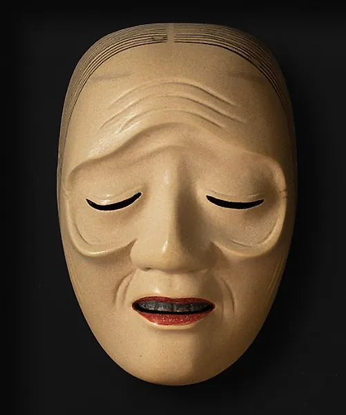 Noh mask in Uba wood (姥) + bag - Wood - Signed Masa (正) - Japan - Shōwa period (1926-1989)
