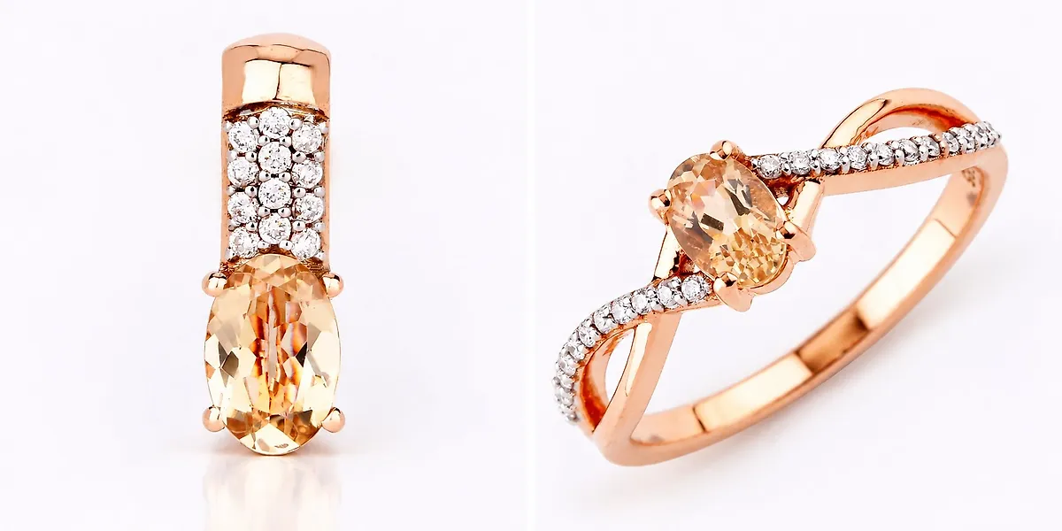 2 piece jewellery set - 14 kt. Rose gold -  0.97ct. tw. Morganite - Diamond - Certified Gold Jewelry