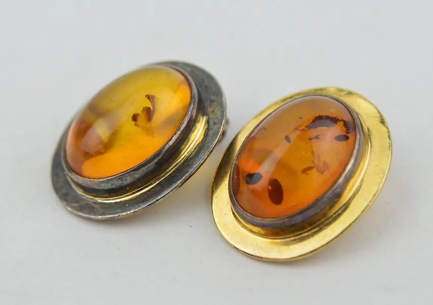 925 Silver Natural Baltic Amber Oval Clip On Earrings - Earrings