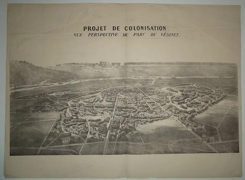 Comte de Choulot & Pierre-Joseph Olive - Lithographie Lemercier - Vue perspective du parc du Vésinet, projet de colonisation - 1858