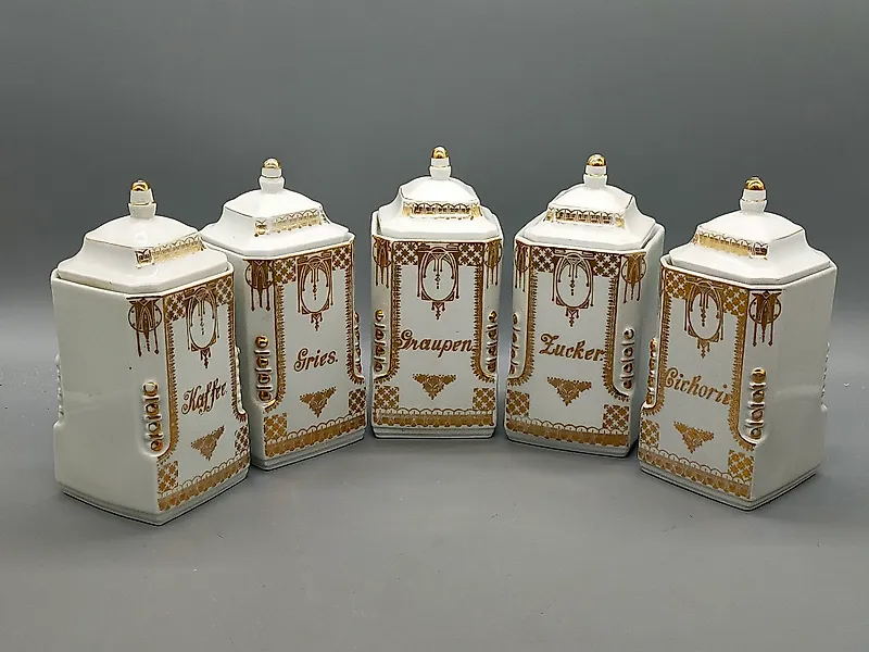 Antikes Jugendstil Vorratsdosen Set – Porzellan mit Golddekor - Can - Porcelain