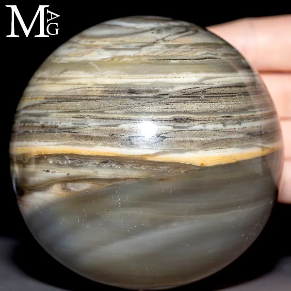 Natural Agate Sphere with Grey, Cream, and Earthen Layered Bands - Perfectly Polished Spherical Agate - Height: 96 mm - Width: 96 mm- 1288 g - (1)