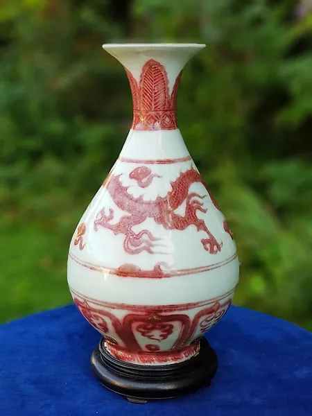 Large Chinese Underglaze Copper-Red 'Dragon' Yuhuchunping Vase - Ming Style - Late Qing Dynasty, - Porcelain - China - Qing Dynasty (1644-1911)