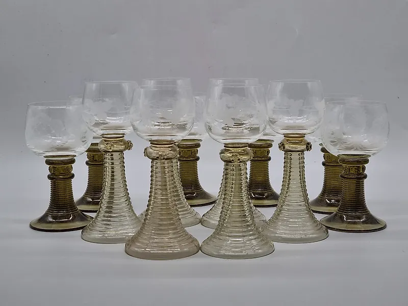 12 Römer Weingläser Set – Geschliffenes Kristallglas Grüner Fuß - Jar - Crystal, Glass, colored glass