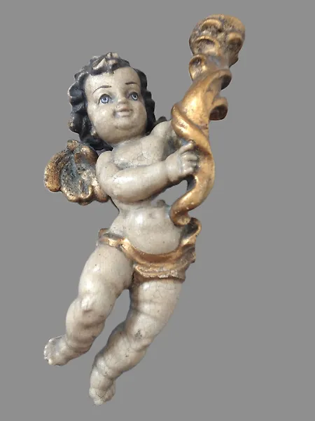 Carving, Holzfigur -  farbiger Engel mit Kerzenhalter - Wandfigur - 20 cm - Wood