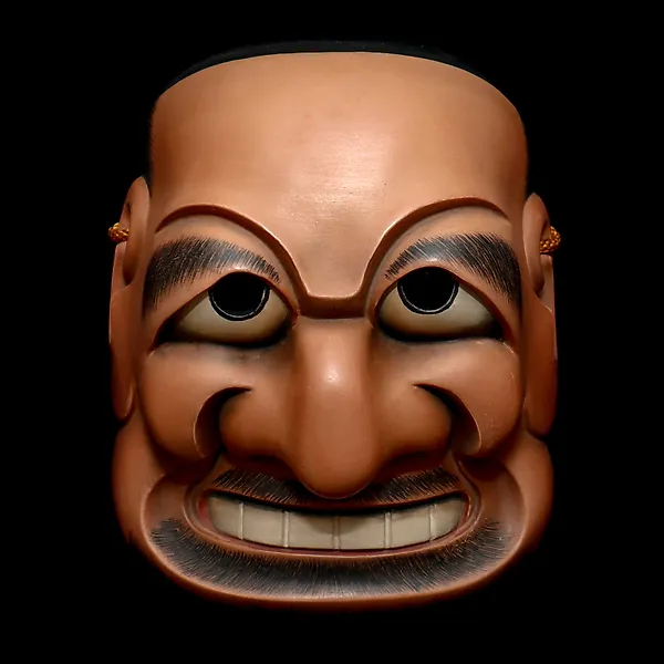 Signed Wooden Noh/Kyogen Mask of Buaku  (能/狂言面 - 武悪) , with mask bag - Sculpture Wood - Japan