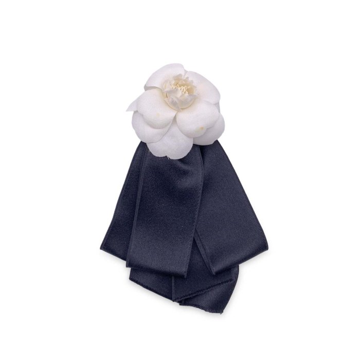 Chanel - Vintage Black and White Silk Camellia Camelia Bow Brooch