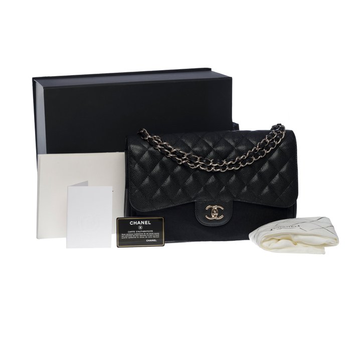 At Auction: CHANEL - CC Caviar Leather Black Jumbo Single Flap Shoulder Bag