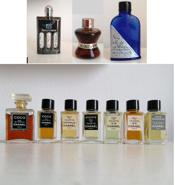 Bottles of perfumes and oil (weil), some sought after. Bourjois