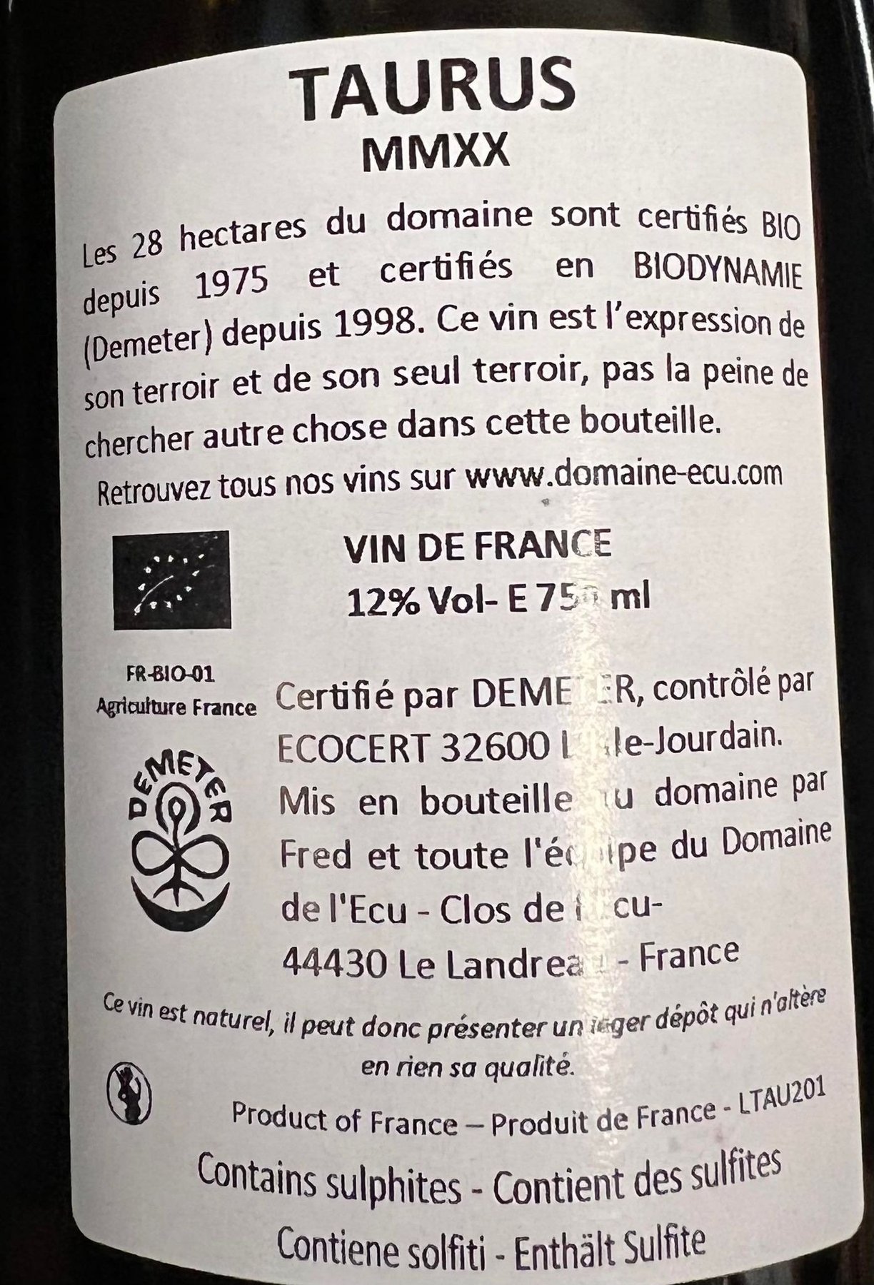 2020 Domaine de l'Ecu Melon de Bourgogne "Taurus" Loire Catawiki