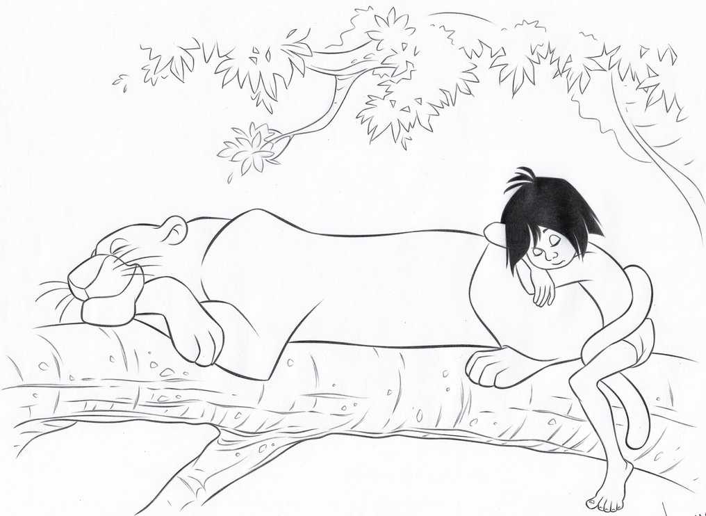 Mowgli and Bagheera [The Jungle Book] - Original Drawing - - Catawiki