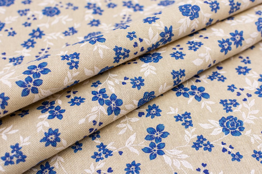 Panama fabric in cotton blend with beige background with blue and white ...
