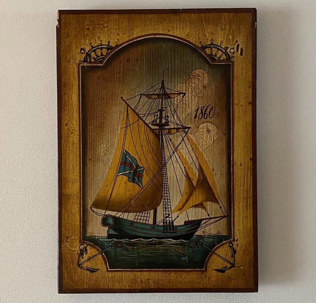 R  Simonettoの油彩画 大型油彩画 R.Simonetto【Wood Art】